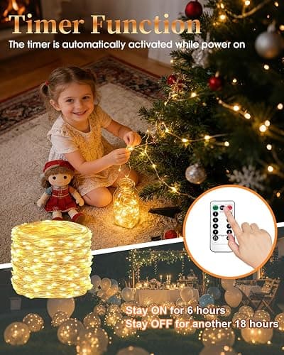 4-Pack Fairy Lights Battery Operated, 33ft 100 LED(Total 132ft 400 LEDs) Warm White String Lights with Remote Waterproof Christmas Lights 8 Modes Timer Lights for Bedroom Wedding Party Patio Decor thumbnail 7