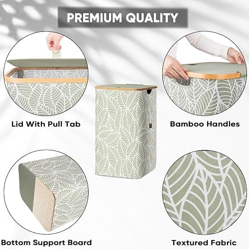 BALEINE Laundry Hamper with Lid, Tall Laundry Baskets with Bamboo Pull Handles, Large Laundry Bin with Internal Support (18 Gal/70L, Antique Foliage) thumbnail 3