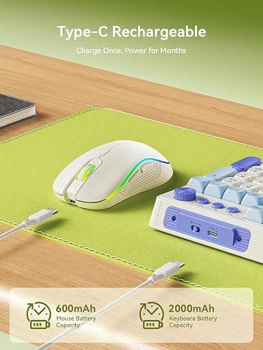 Wireless Keyboard and Mouse Combo, RGB Backlit Rechargeable 2000 mAh Battery, Wireless Computer Keyboards, Tri-Mode Bluetooth/2.4GHz/USB-C Custom Creamy Keyboard, RGB Backlit Media Knob thumbnail 3