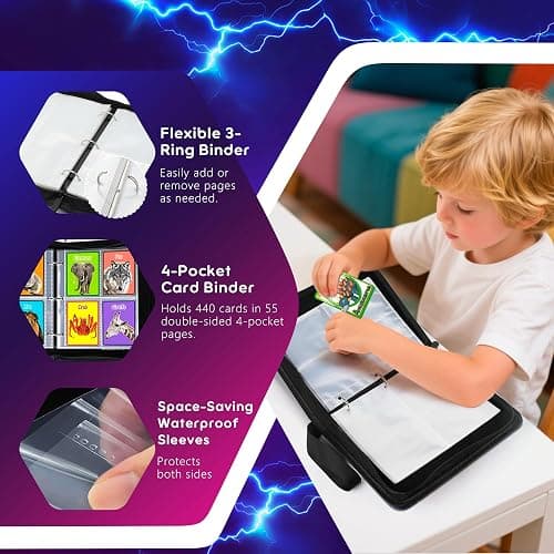 4-Pocket Trading Card Binder – Holds 440 Cards with 55 Removable Sleeves, Waterproof Card Holder Album for Standard Size Cards, Portable Collector Storage & Display Case thumbnail 6