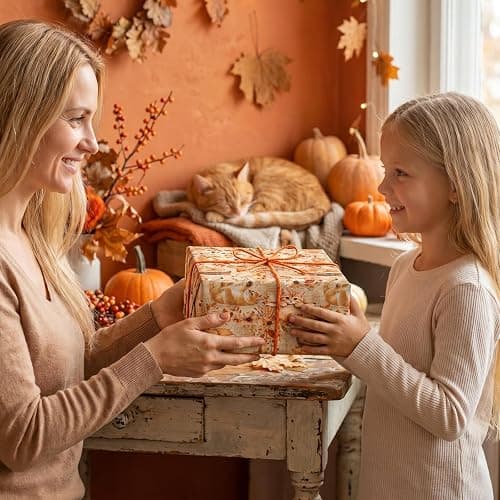 WRAPAHOLIC Kraft Fall Wrapping Paper Roll - Mini Roll - 17 Inch x 16.5 Feet - Cat, Autumn Maple Leaves, Pumpkin Wrapping Paper for Autumn, Thanksgiving, Party, Holiday thumbnail 5