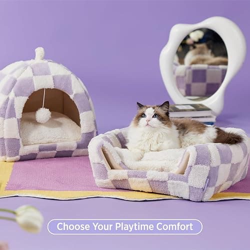 Lesure Cute Cat Beds for Indoor Cats - 2 in 1 Cat Cave Bed for Kittens and Small Pets with Removable Washable Cushioned Pillow, Cozy Kitten with Non-Slip Bottom, Purple, 16 inches thumbnail 3