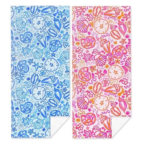 2 Pack Pink Blue Ocean Seashells Starfish Boho Beach Towel Microfiber Lightweight Quick Dry Oversized Swim Towels Beach Accessories Cruise Vacation Necessities for Pool Camping Travel 32x71 inch - Image 1