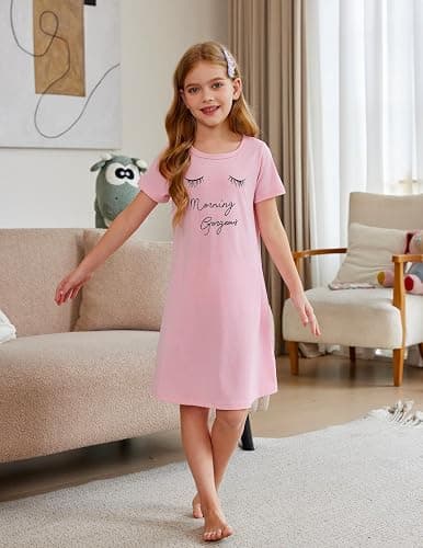 Arshiner Girls Nightgowns Summer Soft Cute Cartoon Print Pajama Sleep Dress for Kids 4-12 Years thumbnail 2