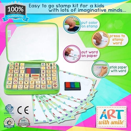 Large Wooden Stamp Premium Set for Kids. 72 Pcs Alphabet Stamps. Letters, Numbers, 3-Color Washable Ink Pad, 3 Refill Bottles, Activity Book. Ideal Creativity Kit thumbnail 3