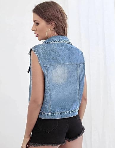 VIEWON Women's Casual Denim Waistcoat Frayed Sleeveless Ripped Jacket Vest with Pockets thumbnail 5