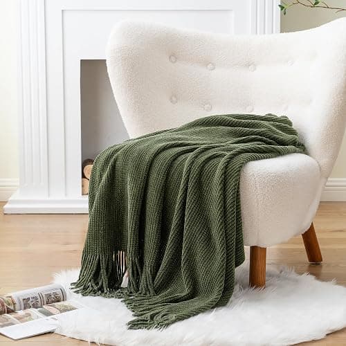 BATTILO HOME Olive Green Throw Blanket for Couch, Soft Chenille Knit Throws with Tassels for Home Decor, Green Blankets and Throws for Bed Couch Cover, 60"x80" thumbnail 3