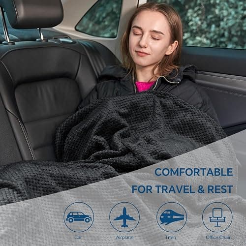 BEDELITE Travel Blanket with Bag, Ultra-Soft Jacquard Fleece Blanket with Luggage Sleeve & Backpack Clip, Airplane Blanket Travel Essentials, Black thumbnail 7