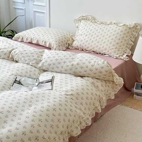 BuLuTu 100% Cotton Muslin Duvet Cover Twin for Kids Girls Boys, Shabby Chic Azalea Floral Duvet Covers Vintage Farmhouse Comforter/Quilt Cover with Ruffles, 68"x86", Zipper Closure, No Pillow thumbnail 4