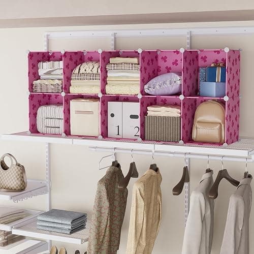 UNKU Cube Storage Organizer, 15 Cube Closet Organizer Storage Shelves, DIY Stackable Bookcase, Clothes Organizer Shelf for Closet, Bedroom, Living Room, Cabinet, Home, Office, Pink thumbnail 6