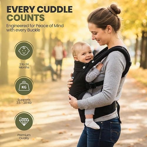 Ergonomic Baby Carrier for Newborn to Toddler - 100% Cotton, Breathable Fabric, Adjustable Baby Holder Carrier with Front & Back Carry Options - Soft Structured Baby Carrier for Moms & Dads - Black thumbnail 2