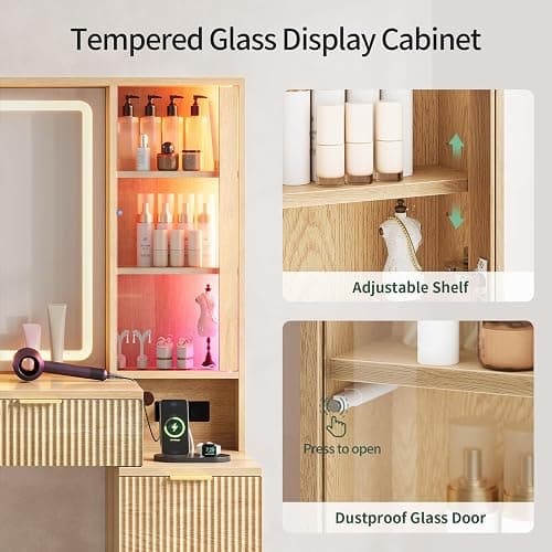 Big Vanity, Fluted Wood Makeup Vanity with Mirror Lights, Oak Vanity Desk | Large, Charging Station, Sound Sync Chasing LED Lights, Wood Vanities, Luxury Glass Cabinets, 8 Drawers, Girls, Women thumbnail 6