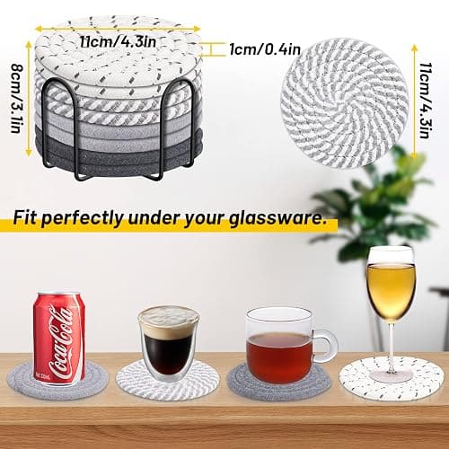 Mckanti 8 Pcs Drink Coasters with Holder, 4 Colors Absorbent Coasters, Minimalist Cotton Woven Coaster Set for Living Room Decor, Tabletop Protection Suitable for Kinds of Cups, 4.3 Inches thumbnail 3
