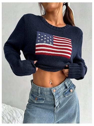 SweatyRocks Women's Flag Pattern Long Sleeve Round Neck Sweater Casual Loose Pullover Sweater thumbnail 6