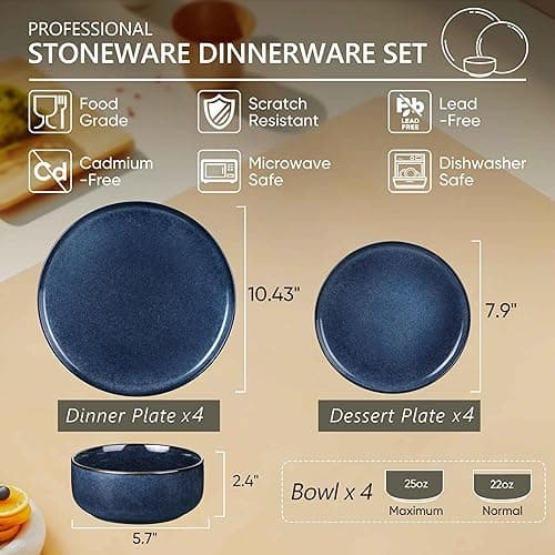 Herogo 12 Pieces Dinnerware Set Stoneware Service for 4, Dinner Plates and Bowls Sets, Double Reactive Glaze Dishes Set for Kitchen, Scratch Resistant, Microwave & Dishwasher Safe, Starry Blue - 12 - Starry Blue thumbnail 3