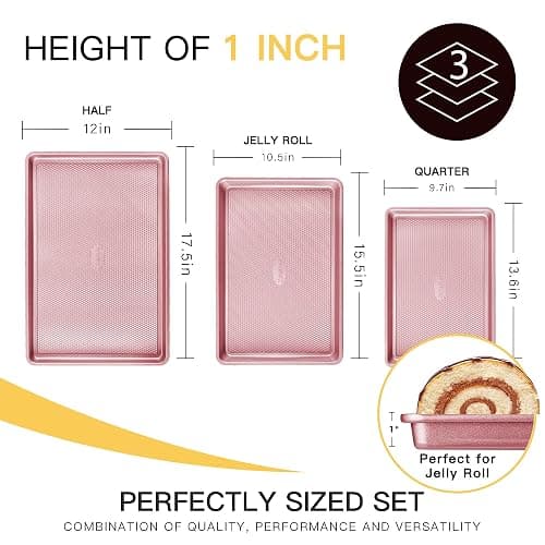 HONGBAKE Baking Sheet Pan Set, Cookie Sheets for Oven, Nonstick Half/Quarter/Jelly Roll Pans with Diamond Texture Pattern, Heavy Duty Cookie Tray, Pink thumbnail 2