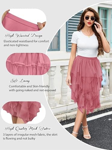 Wikoan Gonna in Ulle da Donna Elegante Abito Asimmetrico a Tre Strati in Tulle Trasparente con Fodera,Gonna a Rete da Principessa S-XXL thumbnail 3
