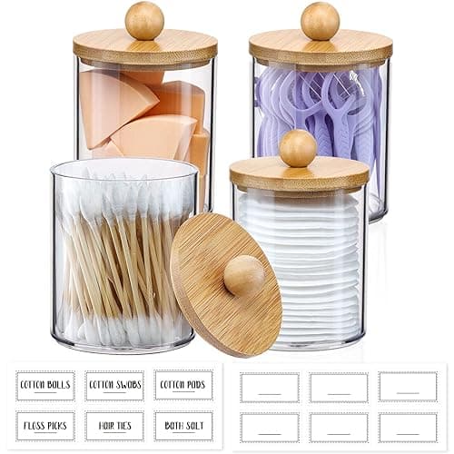 4 Pack Qtip Holder Dispenser with Bamboo Lids - 10 oz Clear Plastic Apothecary Jar Containers for Vanity Makeup Organizer Storage - Bathroom Accessories Set for Cotton Swab, Ball, Pads, Floss thumbnail 5