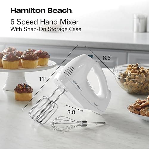 Hamilton Beach 6-Speed Electric Hand Mixer with Whisk, Traditional Beaters, Snap-On Storage Case, 250 Watts, White thumbnail 9