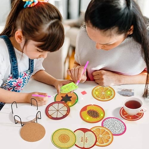 Billbotk 12 Pieces Diamond Art Painting Coasters Kit with Holder, Diamond Art Coasters, DIY Diamond Crafts Projects, Diamond Dot Kits for Adults and Beginners(Fruit Style) thumbnail 6