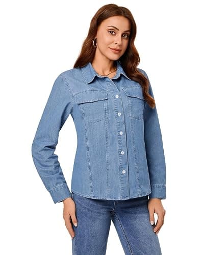 GRAPENT Denim Button Down Shirts for Women Long Sleeve Western Casual Lightweight Collared Pocket Jean Shirt Shacket Top thumbnail 2