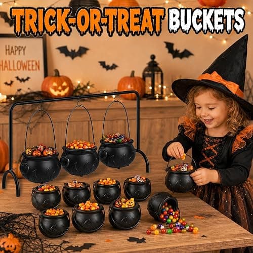 Halloween Cauldron Table Decor, Set of 12 Large and Mini Black Plastic Hanging Cauldron Bowls with Iron Rack, Witches Cauldron Candy Serving Bowl for Party Home Kitchen Hocus Pocus Indoor Decorations thumbnail 6