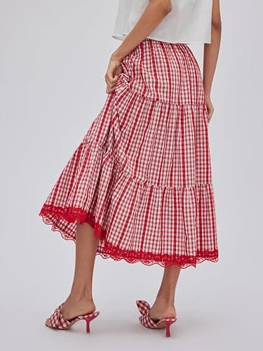 CIDER Women's Gingham Long Skirts Plaid Maxi Skirt Flowy A Line Summer Skirts Casual Trendy thumbnail 5