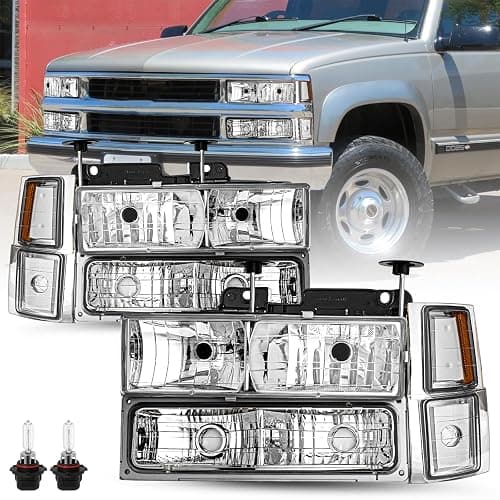 TUSDAR 8PCS Headlight Assembly for 1994-1998 Chevy Silverado Tahoe Suburban C10 C/K 1500 2500 3500 Replacement w/Bulbs Chrome & Amber NOT FIT GMC - Image 1