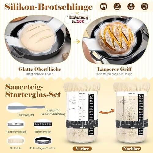  Sauerteig Starter Set, 25cm & 23cm Gärkorb Brot Backen, Sauerteig Starter Set Mit Sauerteig Starterglas, Brot Backen Startver Großes Geschenk Für Anfänger, Erfahrener Bäcker thumbnail 4