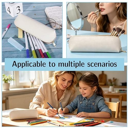 TENGWA PU Pencil Case Off White Leather Pencil Case Small Pencil Bag with Zipper Portable Cosmetic Holder Stuff Bags Suitable for School Office Travel Stationery and Cosmetic Storage thumbnail 5