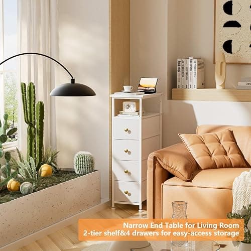 YILQQPER Narrow Dresser for Bedroom, Slim Dresser Storage Tower, Chest of 4 Fabric Drawers with Wood Shelf, Bathroom Organizers and Storage for Small Spaces, Laundry, Closet, White thumbnail 6