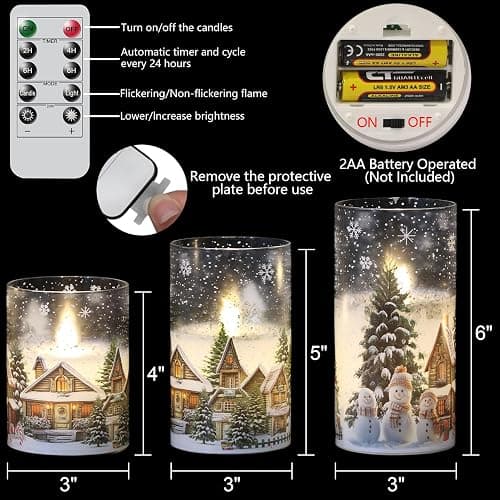 DRomance Snowman House Glass Flameless Candles Battery Operated with Remote and Timer Real Wax LED Flickering Pillar Candles Cold White Light Window Christmas Holiday Decor 3" D x 4", 5", 6" H thumbnail 3