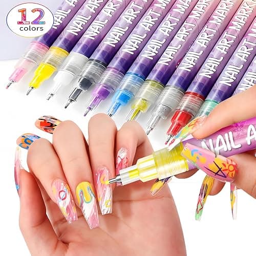 12 Colors Nail Art Pens Set, New Nail Art Markers 3D Nail Polish Pens Quick Dry Dotting Point Liner Pens for DIY Nail Art Drawing Painting Tools (12Pcs) thumbnail 7