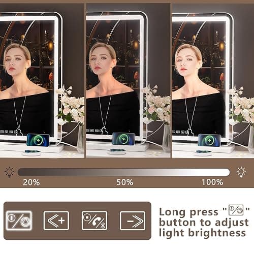 Hasipu Vanity Mirror with Lights and Bluetooth Speaker, 32" x 21.7" LED Makeup Mirror, Lighted Makeup Mirror with Dimmable 3 Modes, USB Charging Port, Round White thumbnail 6