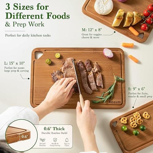 Bamboo Cutting Board 3-Piece Wooden Bread Boards for kitchen | Deep-Carbonized Bamboo Set with Deep-Carbonized Finish & Non-Slip Edges, Size for Meat/Veggie,Cutting Board with Hanging Hole thumbnail 3