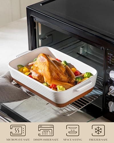 MALACASA Casserole Dishes for Oven, Ceramic Baking Dishes Set of 3, Baking Pan Casserole Dish Set, Rectangular Lasagna Pan Deep with Handles for Baking, Khaki White (14.5''/13''/10.5''), Series TARA thumbnail 4