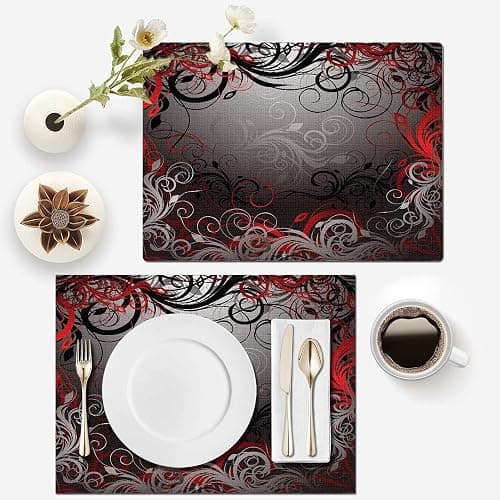 Mcalk Table Runner and Placemats Set of 6 Pieces,Mystic Gray Leaf Placemat,Cloth Place Mats Red Indoor for Kitchen,Washable Placemats Floral Print Linen Material for Dining Table thumbnail 4