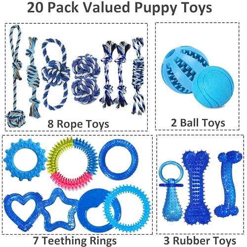 PawsAion 20 Pack Puppy Chew Toys for Teething & Fun (Chew Toys for Puppies 0-6 Months Bundle with Various Rubber Rings, Rope Toys and Balls for Interactive Play, Teeth Cleaning & Relief thumbnail 2