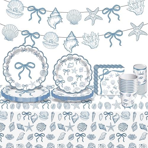 Seashell Party Decorations Ocean Sea shell Party Plates Supplies Blue Bow Seashell Paper Plates Napkins Tablecloth for The Summer I Turned Pretty Party Decorations, Serves 24 - Image 1