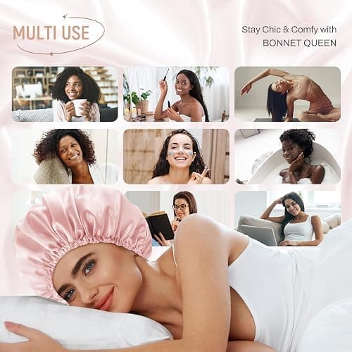BONNET QUEEN Silk Bonnet for Sleeping Satin Bonnet Double Layer Hair Bonnet Reversible Adjustable Bonnet Sleep Cap for Women Curly Hair(4 Items Gift Pack, Jade + Rose Gold) thumbnail 4