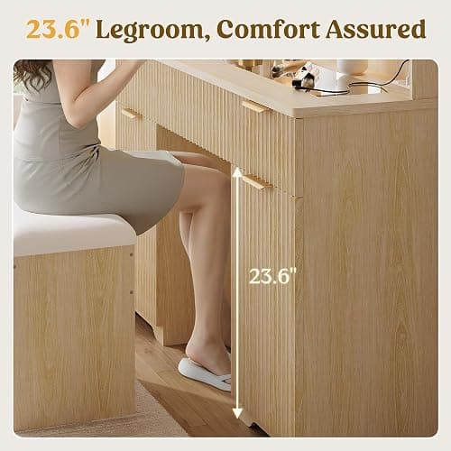Fluted Makeup Vanity Desk with Mirror and Lights, Glass Top 48" Wood Vanities w/Charging Station , Dressing Table w/3 Drawers & 2 Large Storage Cabinets, Dustproof Organizer for Bedroom Gift(Natural) thumbnail 7
