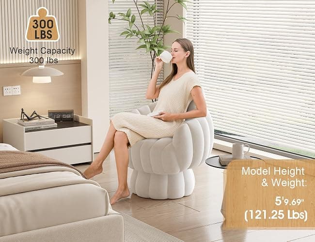Mistpople Mid Century Modern 360 Degree Barrel Swivel Accent Sofa Chair,Fluffy Velvet Fabric Lounge Wide Upholstered Pumpkin Reading Chair, Round Cloud Armchair for Living Room,Bedroom,Vanity(Beige) thumbnail 3