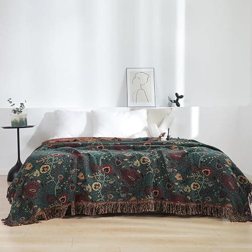 Boho Throw Blanket for Bed 100% Cotton Ultra Soft Rustic Quilt Farmhouse Decor Bed Fall Blanket,All Season Rustic Throw for Sofa Couch Chair (Flower-Dark Green, 60"×80") thumbnail 5
