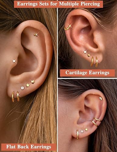 LOLIAS Small Hypoallergenic Flat Back Stud Earrings for Women Men 14K Gold Plated Surgical Stainless Steel Earring Sets Tiny Screw Back Cartilage Earrings for Sensitive Ears thumbnail 2