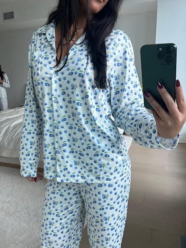 Seyurigaoka Women 2 Piece Floral Pajamas Lounge Set Y2K Long Sleeve Shirt Wide Leg Pants Sleepwear Pj Matching Sets thumbnail 3