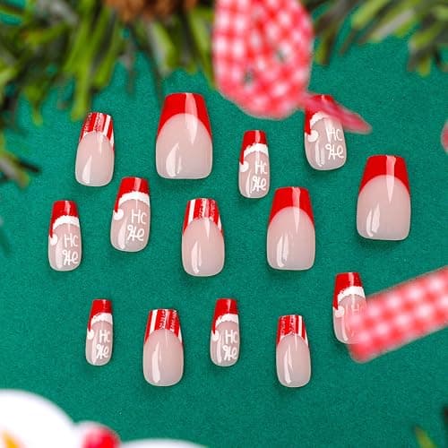 Christmas False Nails,24Pcs Square Stick on Nail with Red Hat Design, Short Press On Ballet Nude Pink Fake Nails with Glue Sticker for Women Gift (Red,Nude Pink,Hat) thumbnail 8