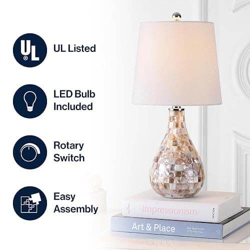 JONATHAN Y 20.5" Seashell Coastal Mini LED Table Lamp for Living Room Office, White Linen Drum Shade, Modern Mother of Pearl Bedside Nightstand Lamp, LED Bulb Included JYL1024A thumbnail 4