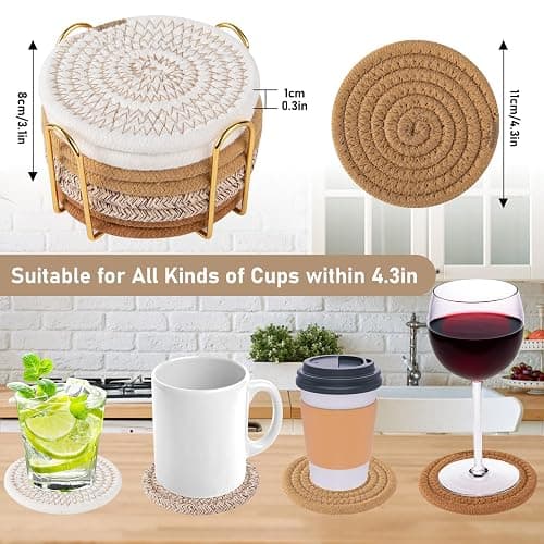 OIAHOMY 8 Pcs Coasters with Holder, Coasters for Drinks, Woven Cotton Absorbent Coaster Set for Kinds of Cups, Housewarming Gifts for Home Decor -Yellow thumbnail 3