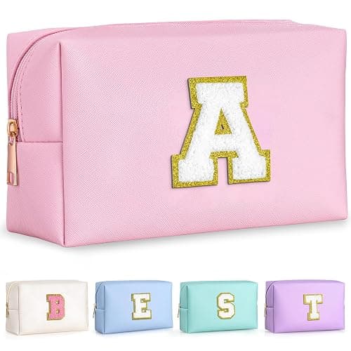 TOPEAST Initial Makeup Bag - Christmas Gifts for Teen Girls Kids, Birthday Gifts for 4 5 6 7 8 9 10 11 12 Year Old Teen Girls, Personalized Preppy Cosmetic Bags Toiletry Bag (Pink A) - Image 1
