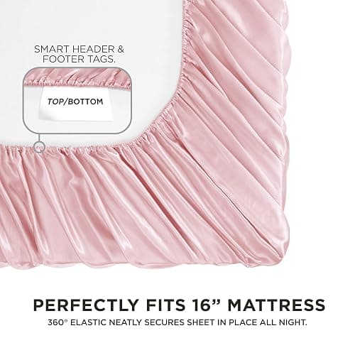 Juicy Couture Queen Size Satin Bed Sheet Set, Deep Pocket Silky Satin Queen Sheet Set with 1 Fitted Sheet, 1 Flat Sheet and 2 Pillow Case, Wrinkle Resistant and Anti Pilling - Pink - Queen - 4 Piece Set - Pink thumbnail 3